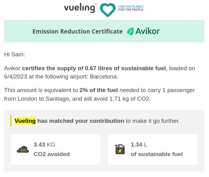 "Emission Reduction Certificate" - Avikor certifies the supply of 0.67 litres of sustainable fuel.