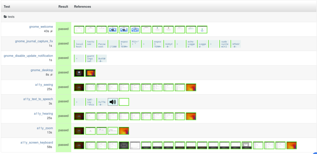 Screenshot of openqa.gnome.org showing tests: a11y_seeing, a11y_hearing, a11y_text_to_speech, a11y_zoom, a11y_screen_keyboard